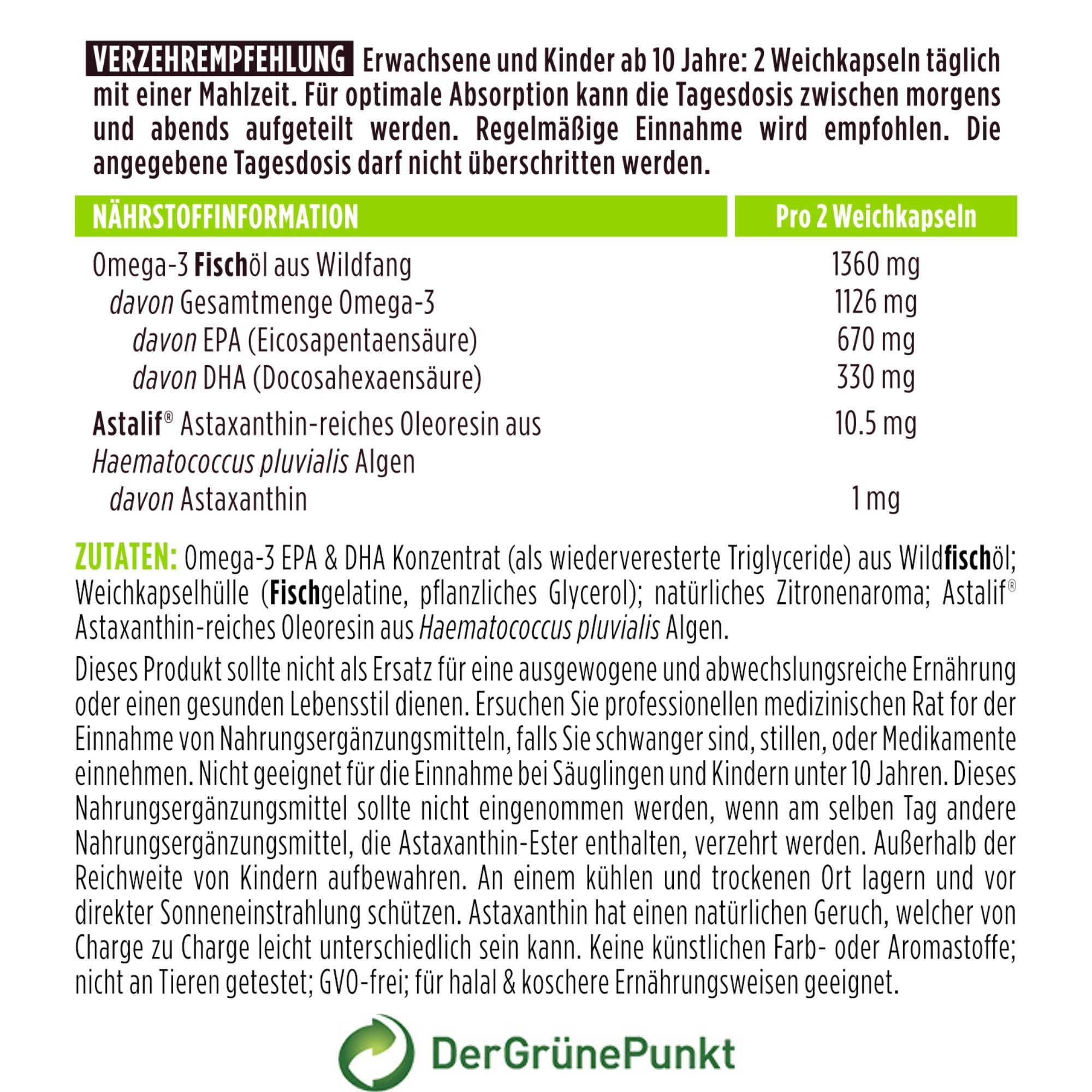 Informazioni nutrizionali e ingredienti: Olio di pesce Omega-3, Astaxantina da Haematococcus Pluvialis. Logo Der Grüne Punkt.
