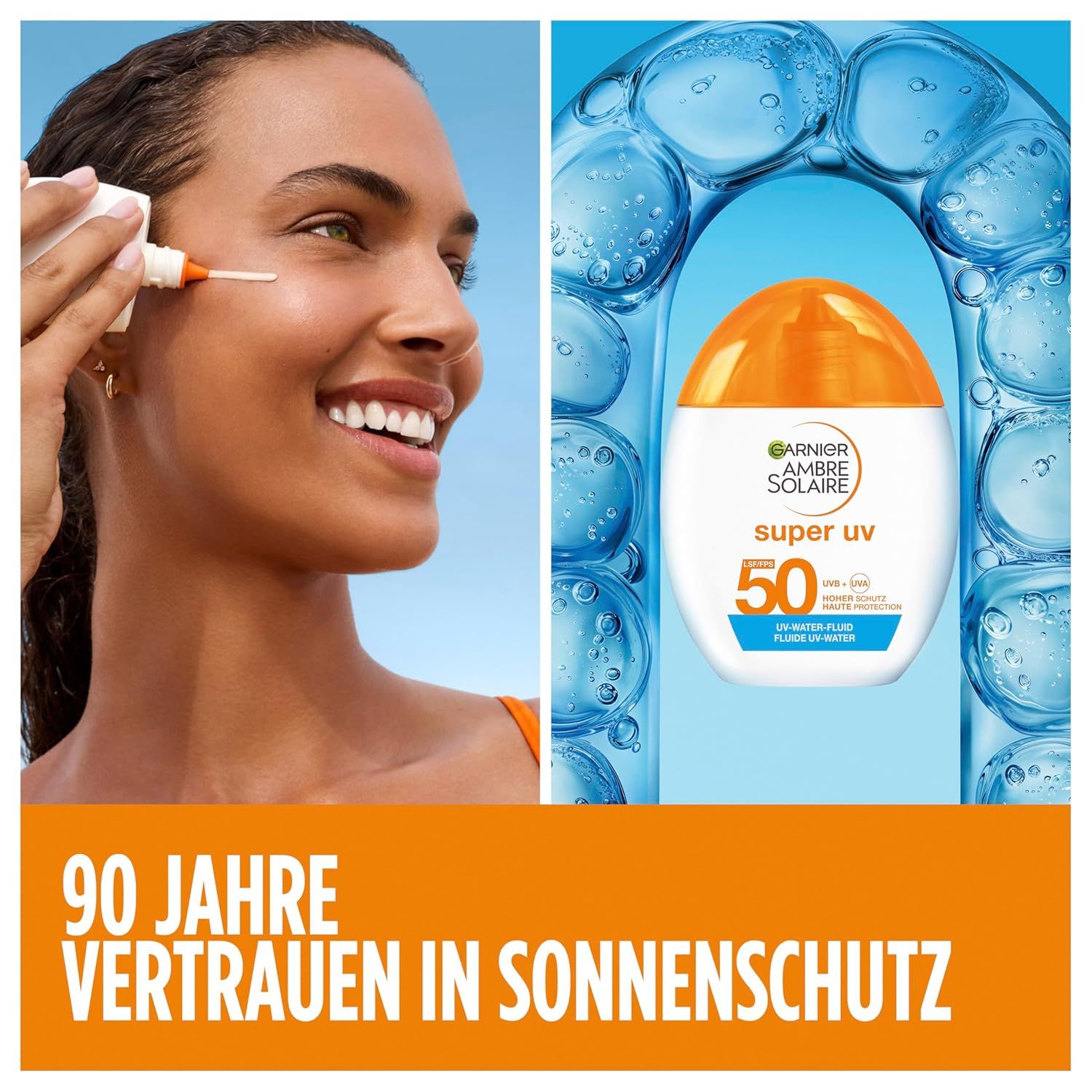 Donna applica protezione solare. Accanto, flacone Garnier Ambre Solaire Super UV. Testo: 90 anni di fiducia nella protezione solare.