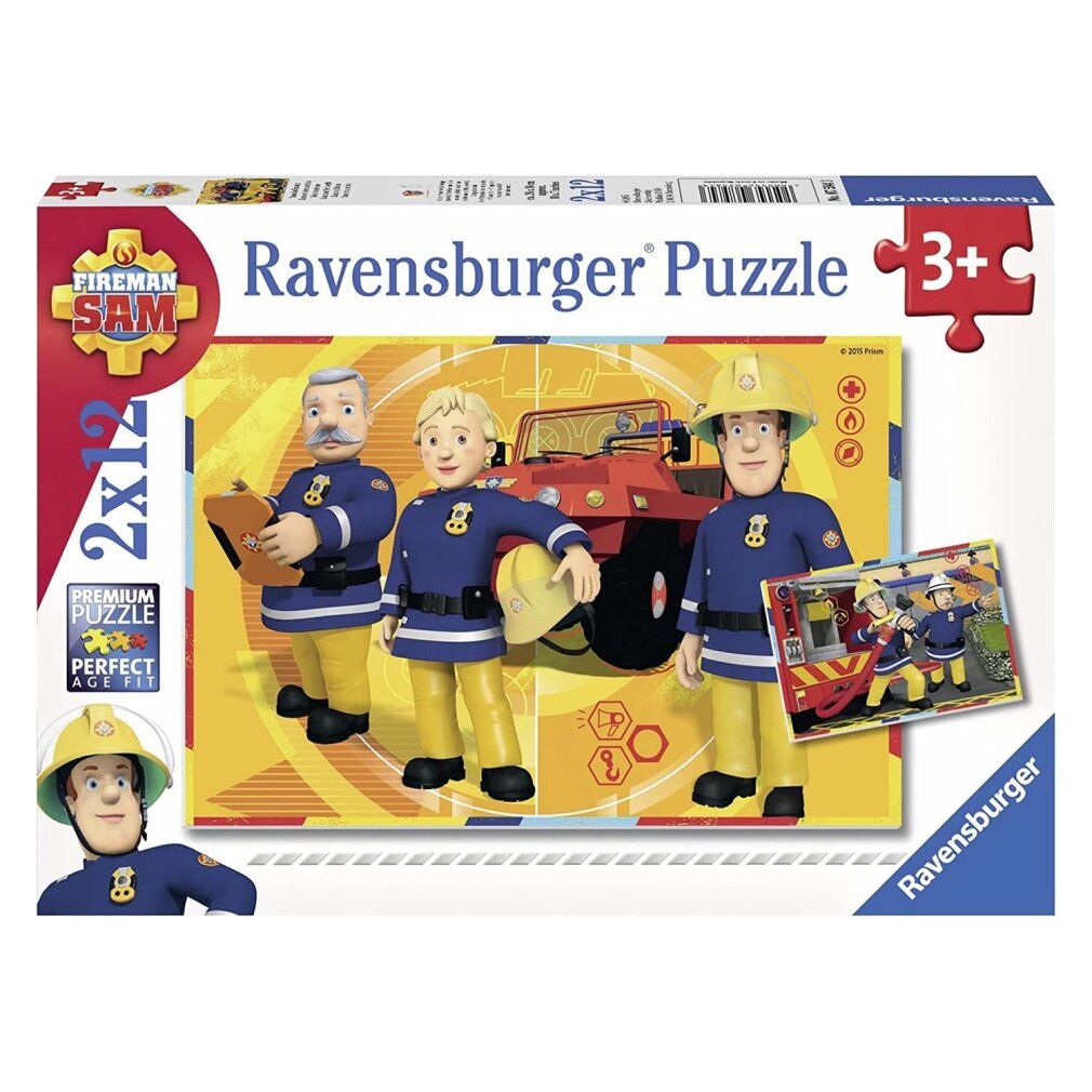 Scatola puzzle con pompieri. Il puzzle mostra tre personaggi in uniforme blu. Marchio: Ravensburger, Sam il pompiere, 2x12 pezzi.