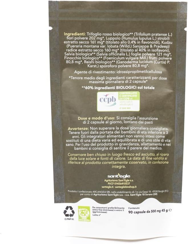 Busta di Sant'Egle - Pausa + Energia Bio. Ingredienti, informazioni e certificazioni del prodotto stampate.
