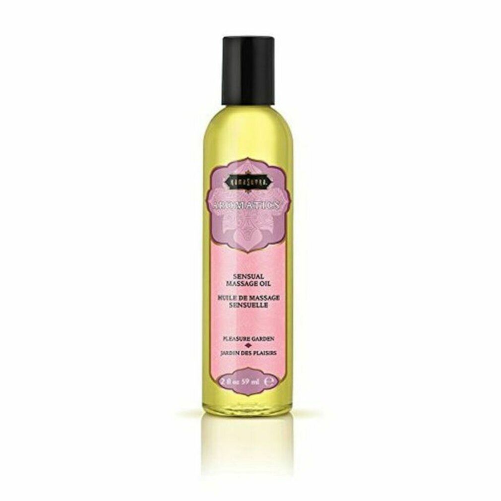 Flacone di olio per massaggio Aromatisches Massageöl. Etichetta rosa con testo: Sensual Massage Oil. Tappo nero. Liquido giallo.