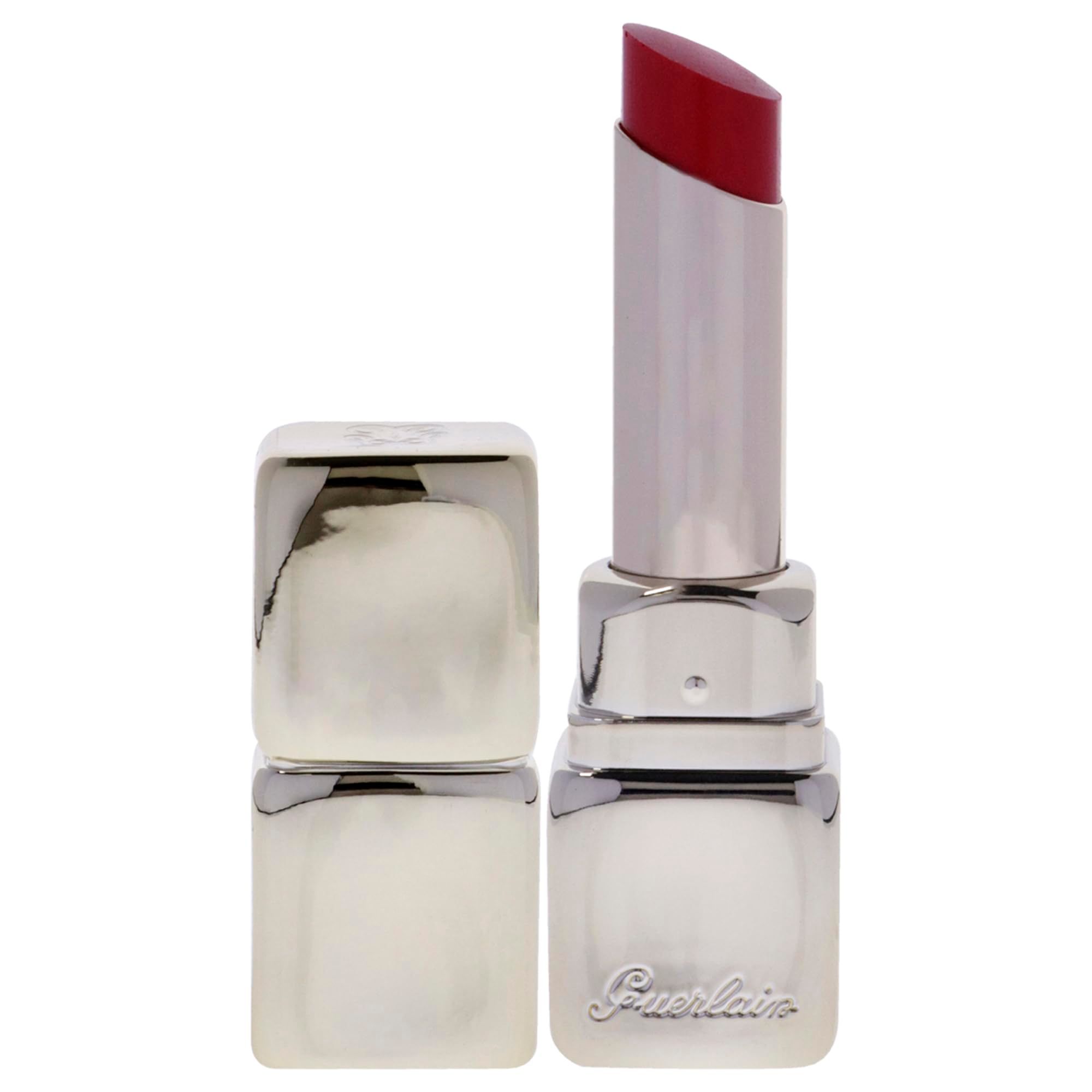 Rossetto argento con punta rossa. Tappo accanto. Logo Guerlain sulla base del rossetto.