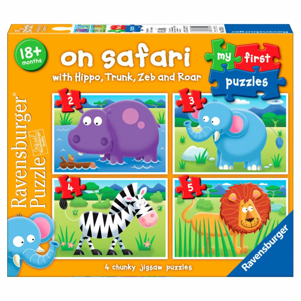 Puzzle Ravensburger. Scritta "on safari" e "my first puzzles". Quattro puzzle con animali: ippopotamo, elefante, zebra, leone.