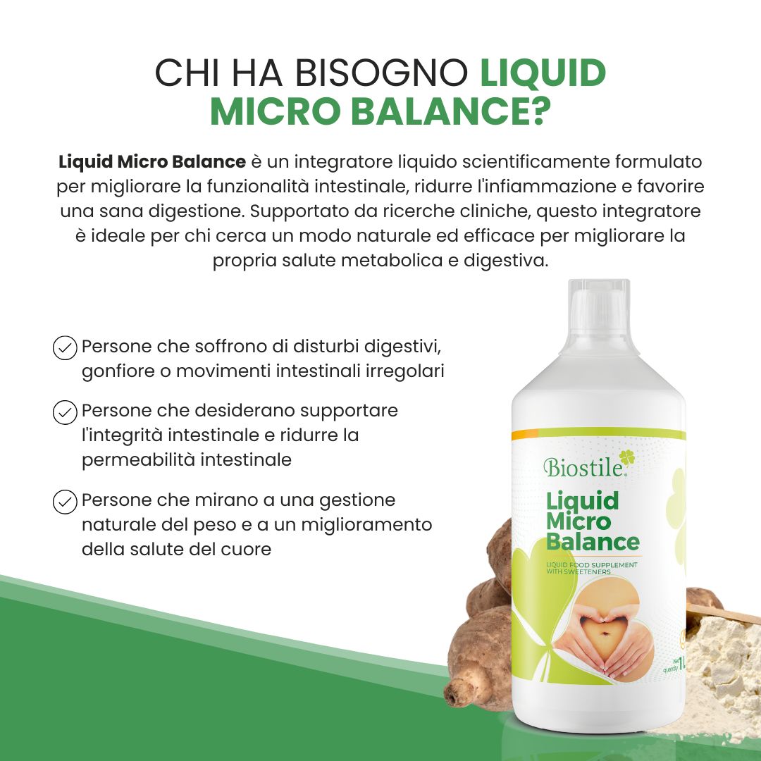 Testo e una bottiglia di Biostile Liquid Micro Balance. Informazioni sull'idoneità del prodotto.