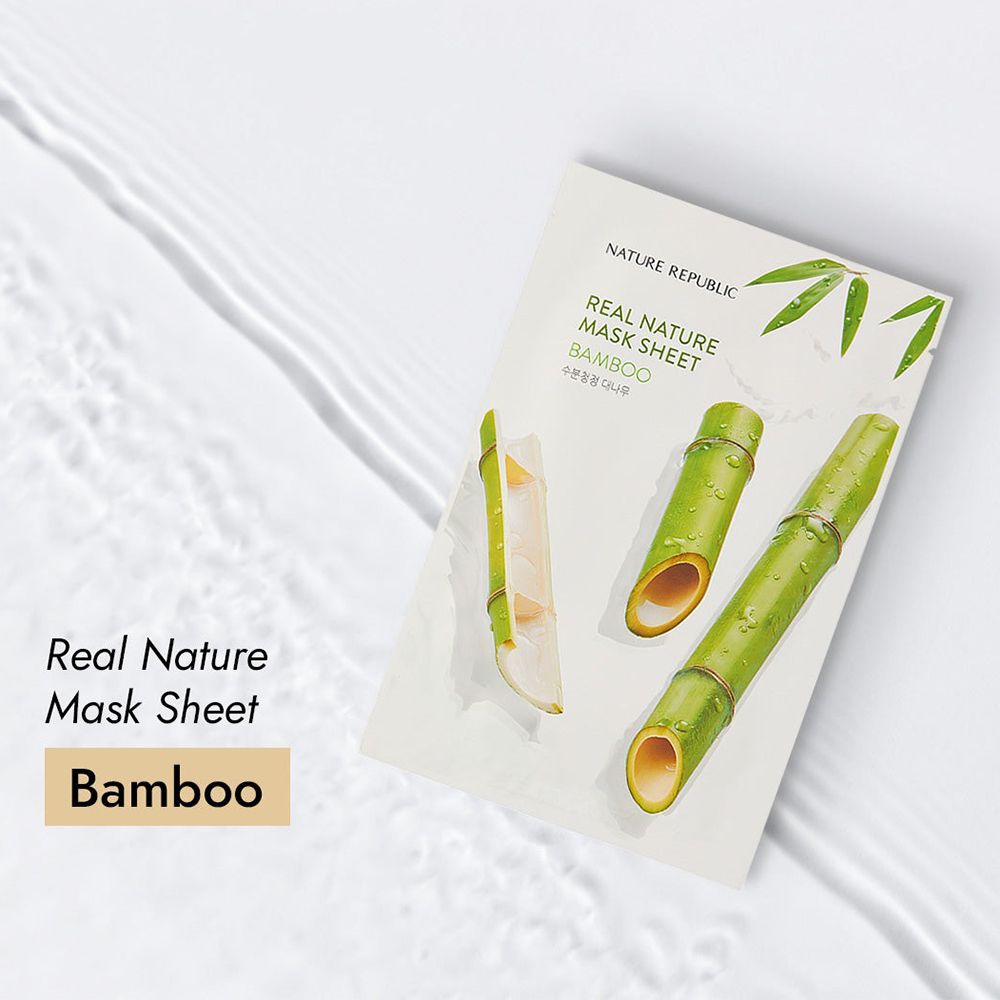 Confezione con maschera e illustrazioni di bambù. Testo: NATURE REPUBLIC, REAL NATURE MASK SHEET, BAMBOO.