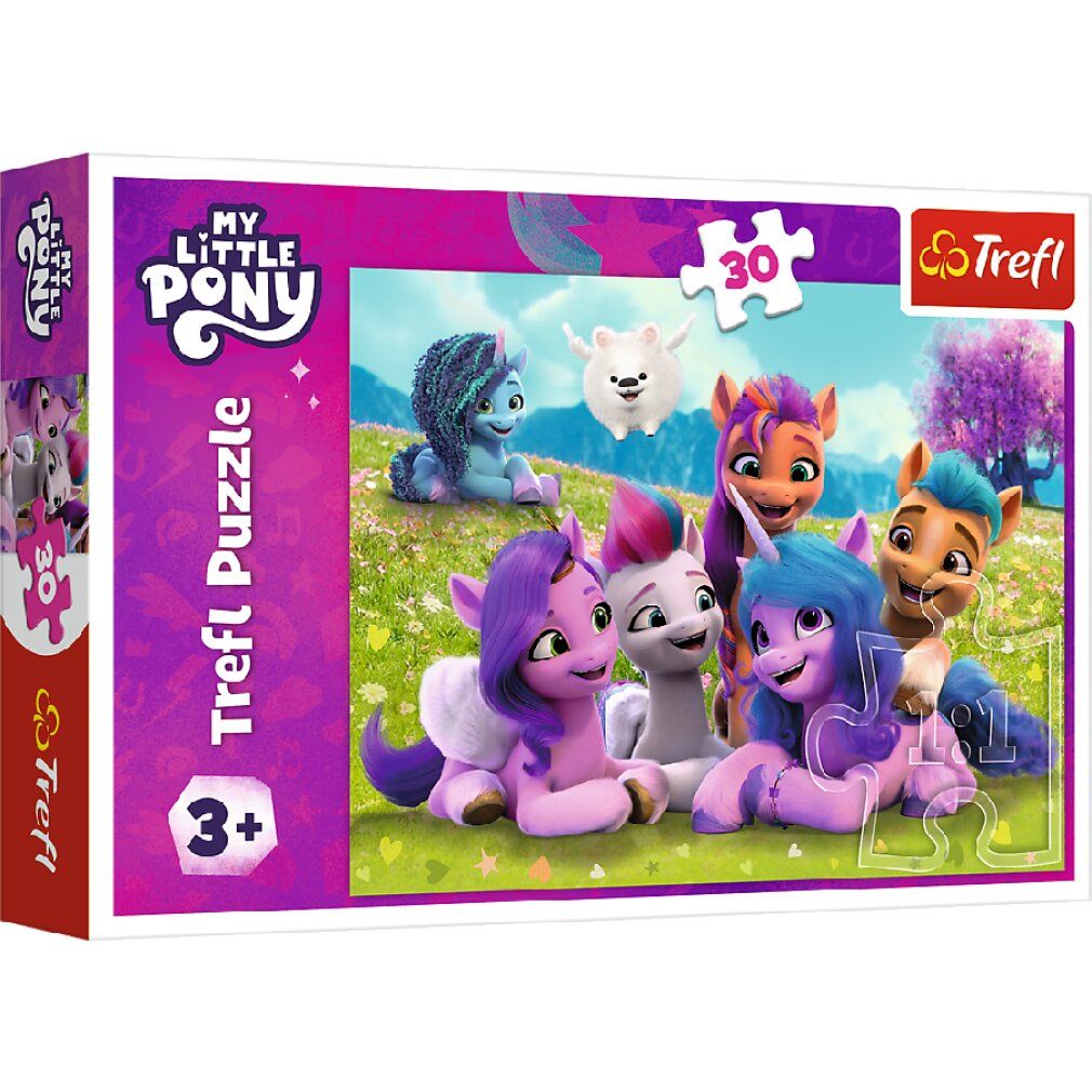 Puzzle Trefl My Little Pony: Pony amichevoli, 30 pezzi. Confezione con motivo pony e pezzi del puzzle.