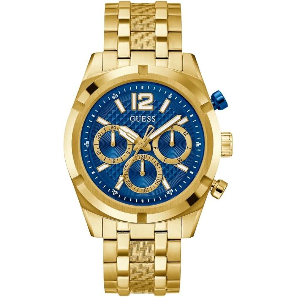 Orologio da polso dorato con quadrante blu. Tre piccoli quadranti, lancette e indici dorati. Marchio: GUESS.
