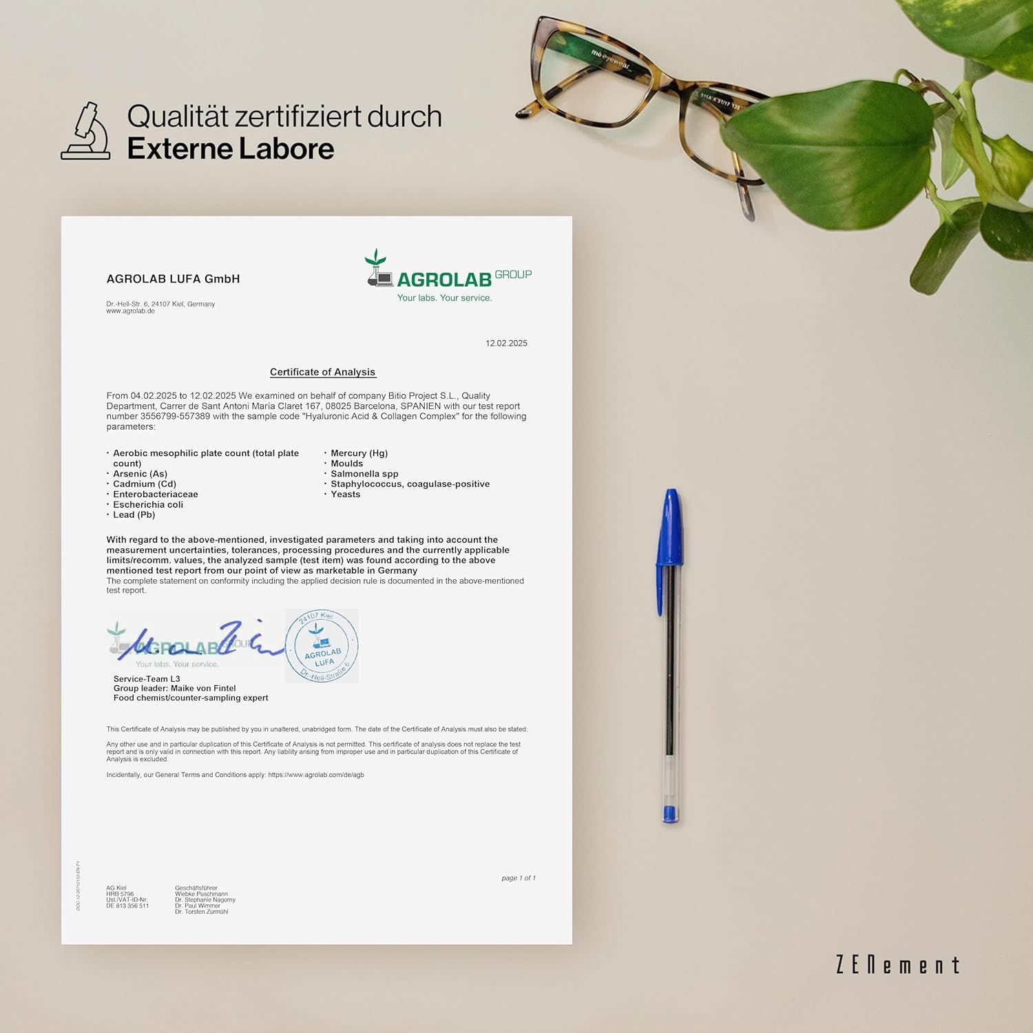 Documento di certificazione di AGROLAB LUFA GmbH. Testo: Certificato da laboratori esterni. Firma e timbro.