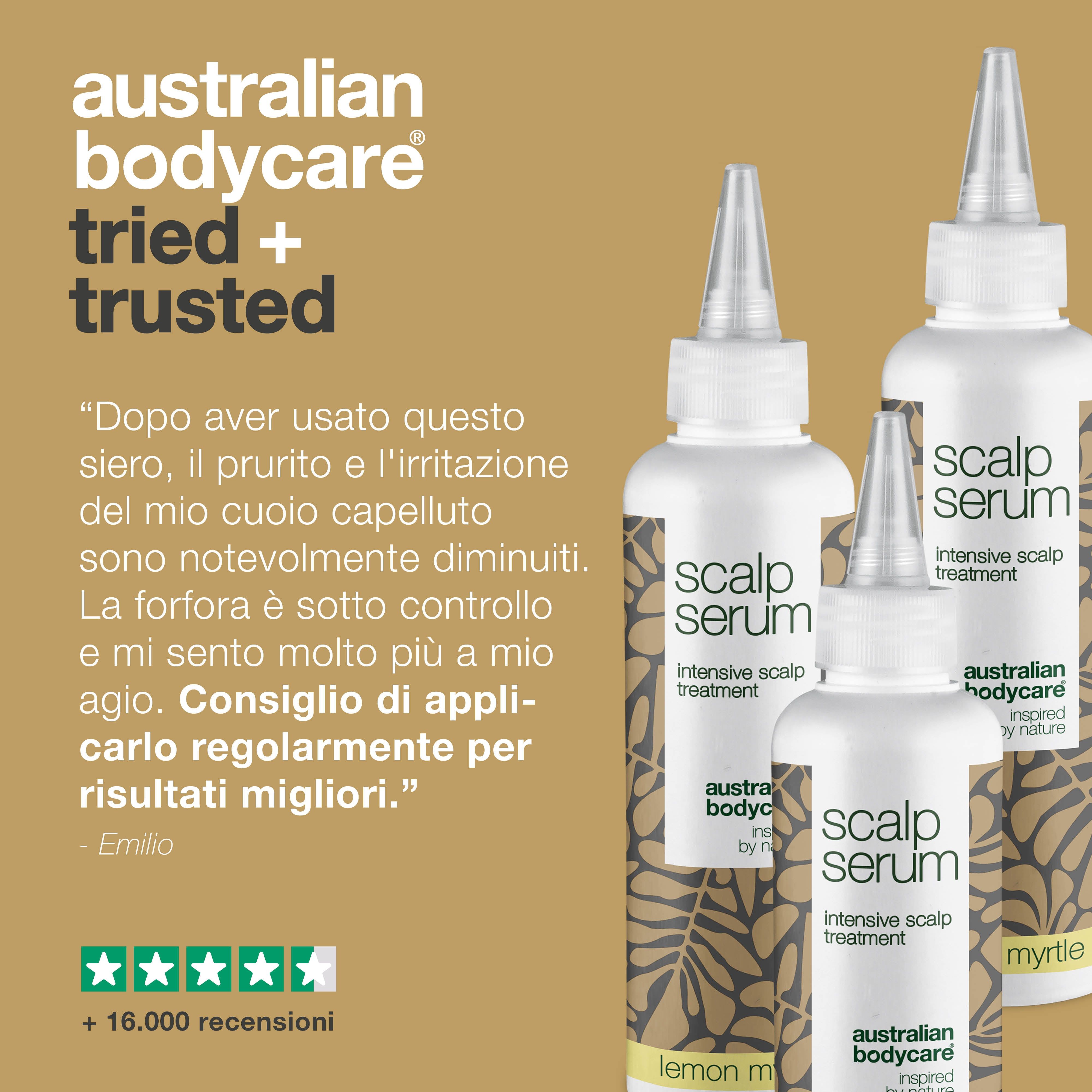 Tre flaconi Scalp Serum. Citazione: Dopo l'uso, prurito e irritazioni sono notevolmente diminuiti. Valutazione 5 stelle.
