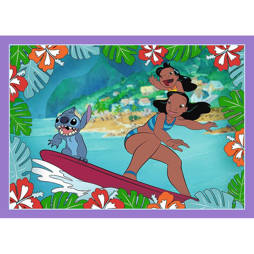 Motivo puzzle: Lilo fa surf, Stitch guarda. Cornice viola con fiori e foglie. Sfondo: spiaggia e case.