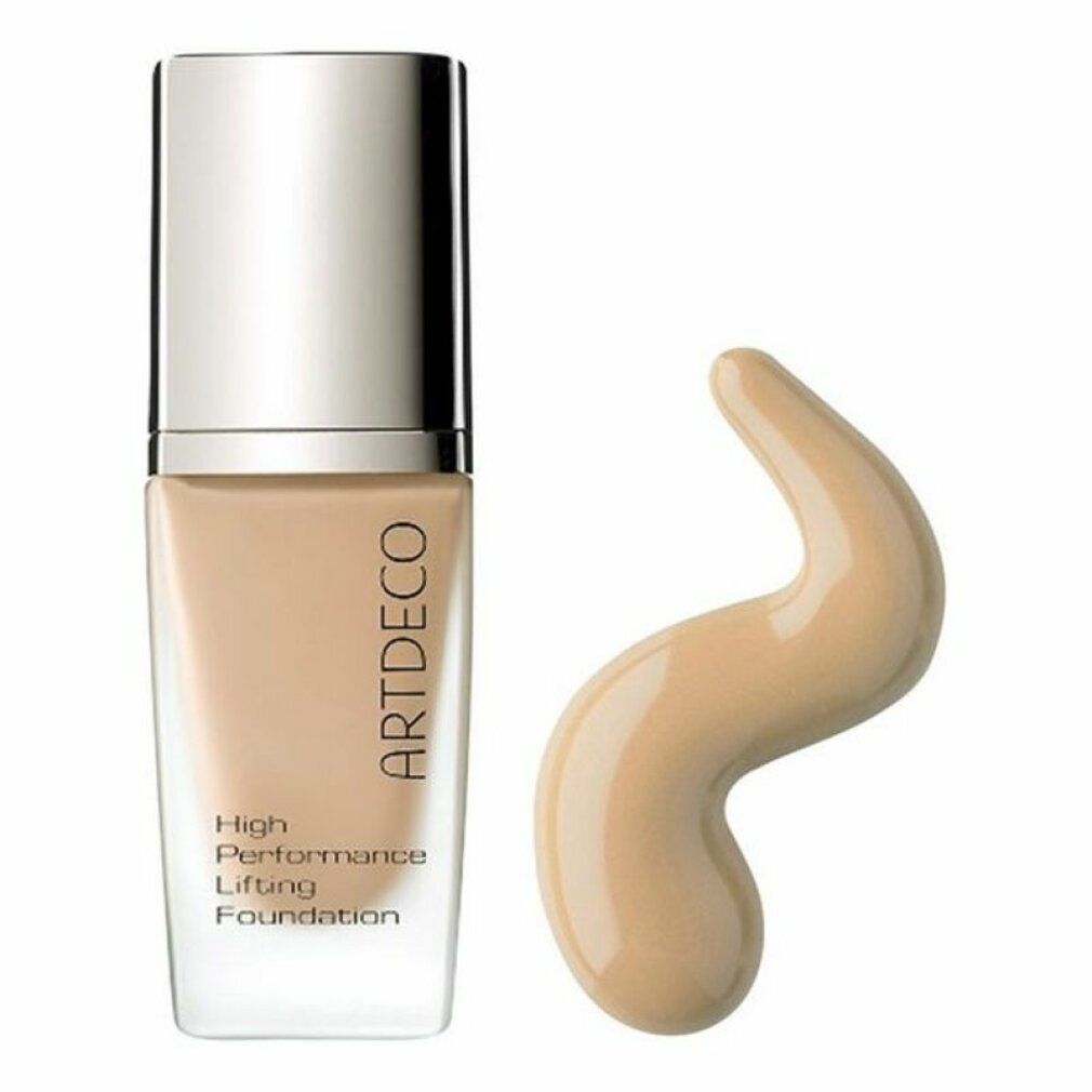 Flacone di fondotinta beige con tappo argentato e campione. Scritta: Artdeco, High Performance Lifting Foundation.