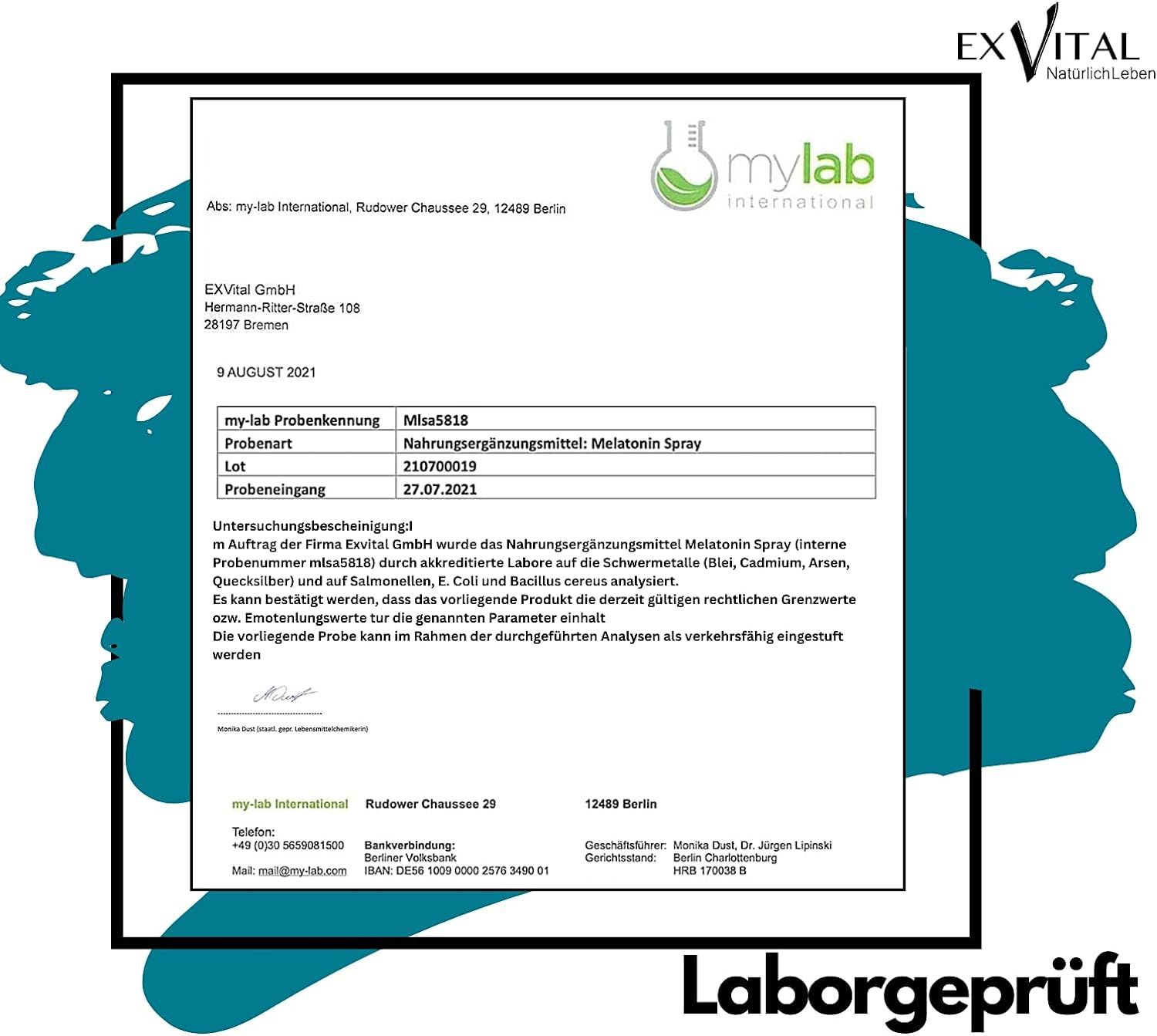 Rapporto di laboratorio di mylab international. Integratore alimentare: Melatonin Spray. Analisi dei metalli pesanti.