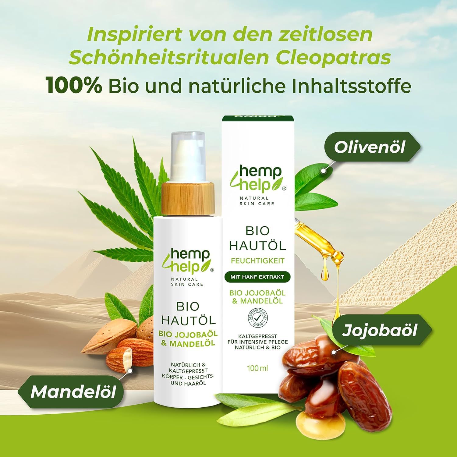 Flacone di olio per la pelle con vaporizzatore e confezione. Olio d'oliva, olio di jojoba, olio di mandorle. Scritta: Bio Hautöl. Sfondo: piramidi.