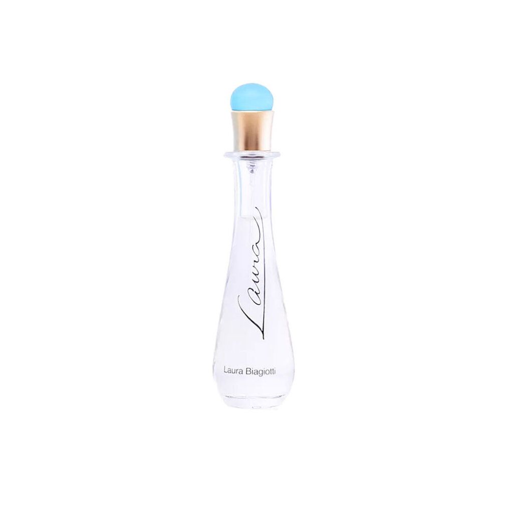 Laura Biagiotti Laura Eau de Toilette Vaporisateur. Flacone con liquido chiaro, tappo azzurro.