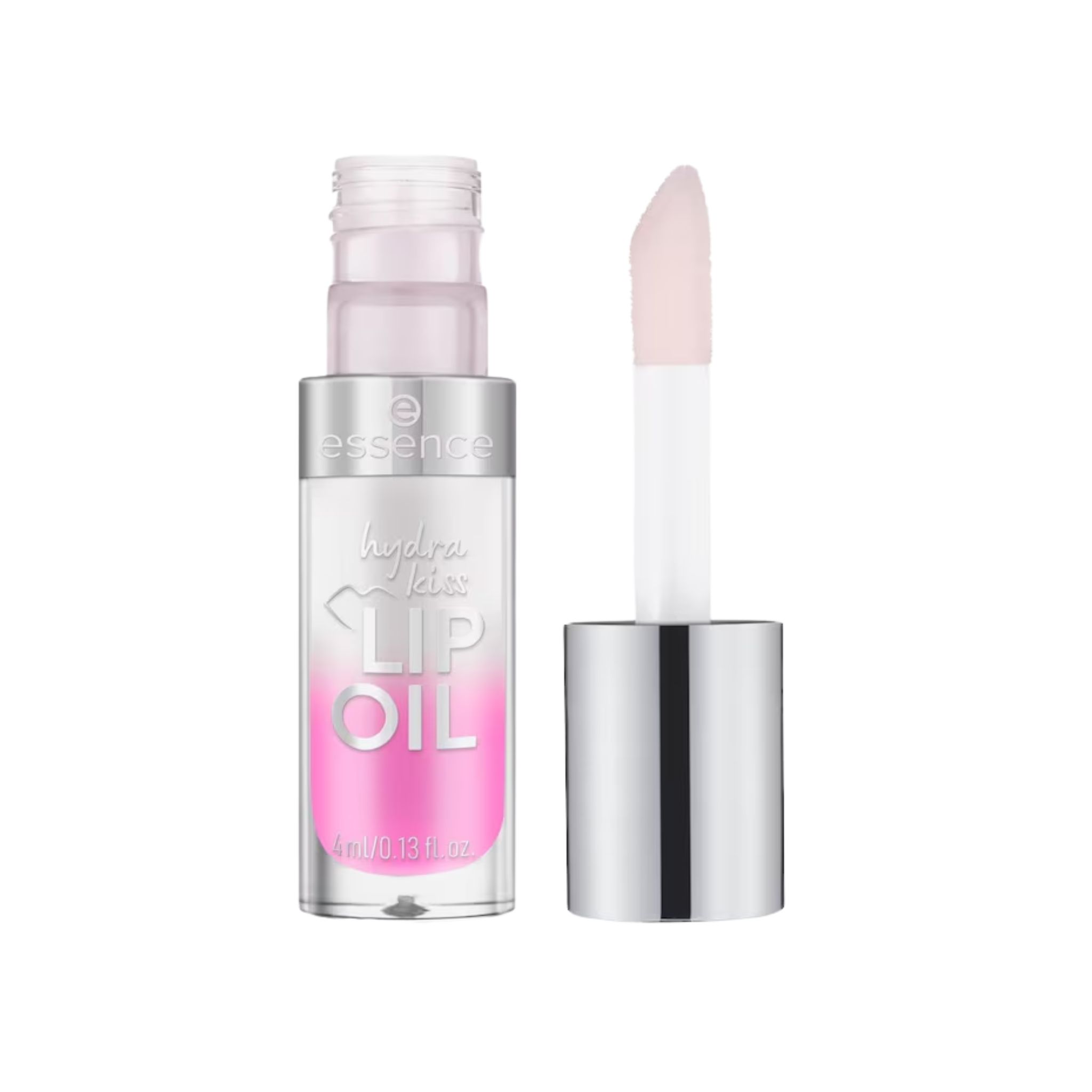 Flacone di olio per labbra con applicatore aperto. Contenitore trasparente con liquido rosa. Tappo argentato. Scritta: hydra kiss LIP OIL, essence.