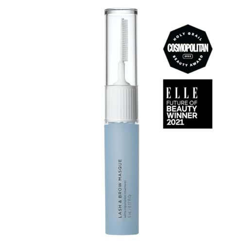 Flacone azzurro con applicatore bianco. Testo: LASH & BROW MASQUE, ultra-reparative treatment, 5 ml / 0.17 fl oz. Riconoscimenti.