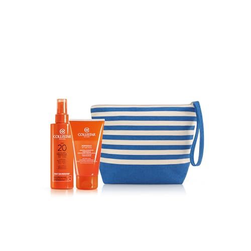 Spray, crema e pochette. Flacone e tubo arancioni con logo Collistar e SPF 20. Pochette blu a righe.
