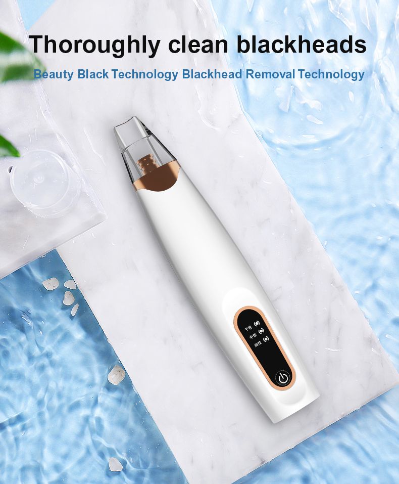 Dispositivo ErthSkin London bianco per la pulizia profonda dei pori. Dettagli dorati. Su lastra di marmo, circondato dall'acqua. Testo: Thoroughly clean blackheads.