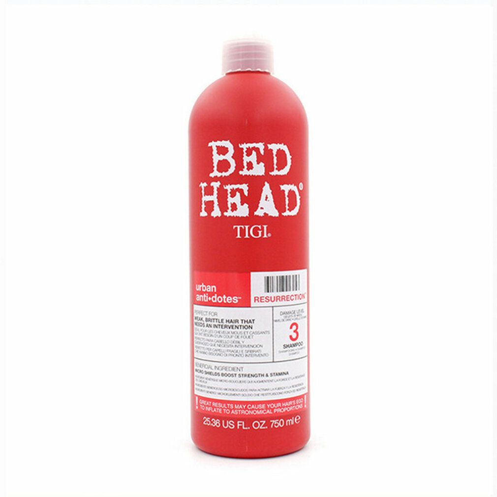 Flacone di shampoo rosso con tappo bianco. Scritta Bed Head, TIGI, Resurrection. Etichetta con informazioni.