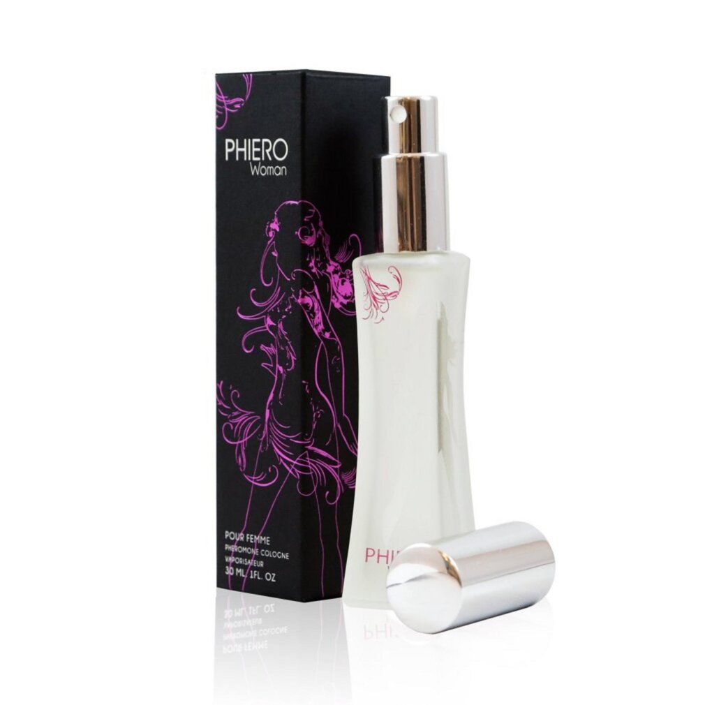 Flacone di profumo Phiero Woman con spruzzatore e tappo argentati, accanto alla confezione nera con figura femminile.