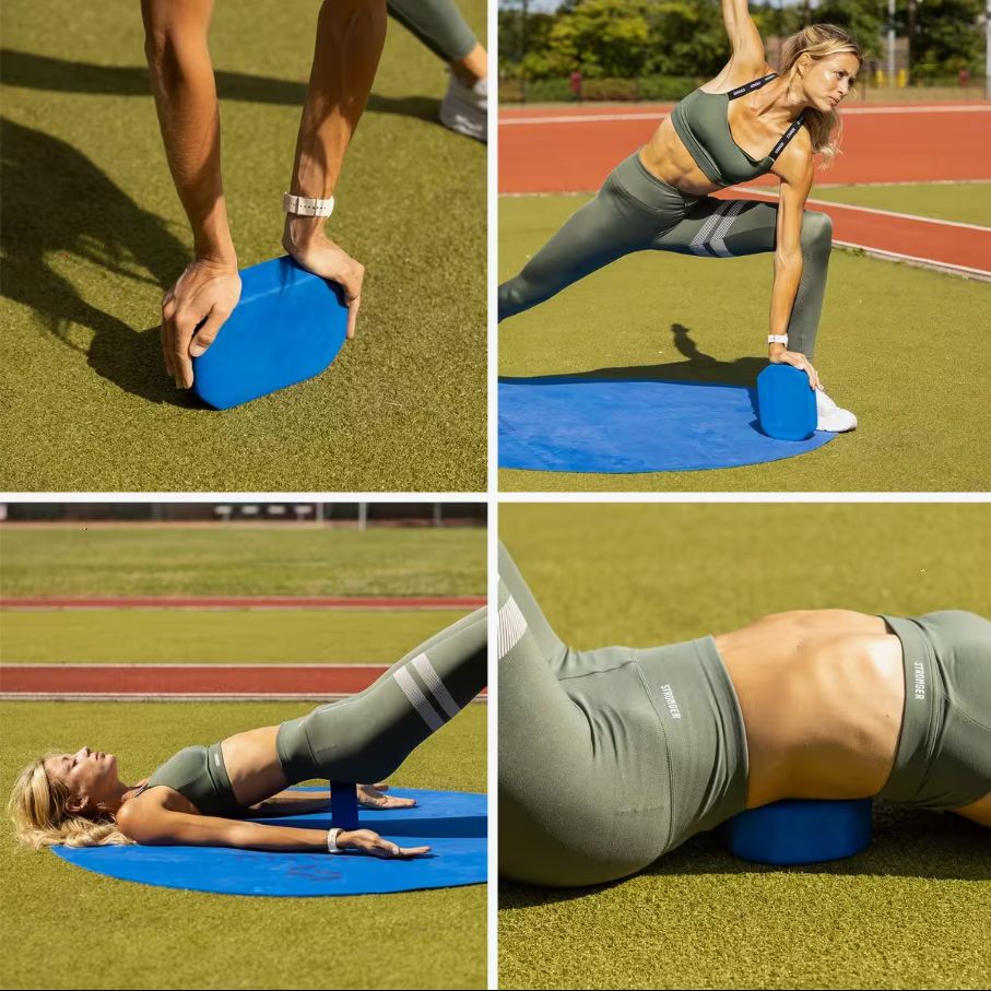 Blocco yoga blu in schiuma. Diverse viste: in uso, tenuto in mano, come supporto per esercizi yoga.