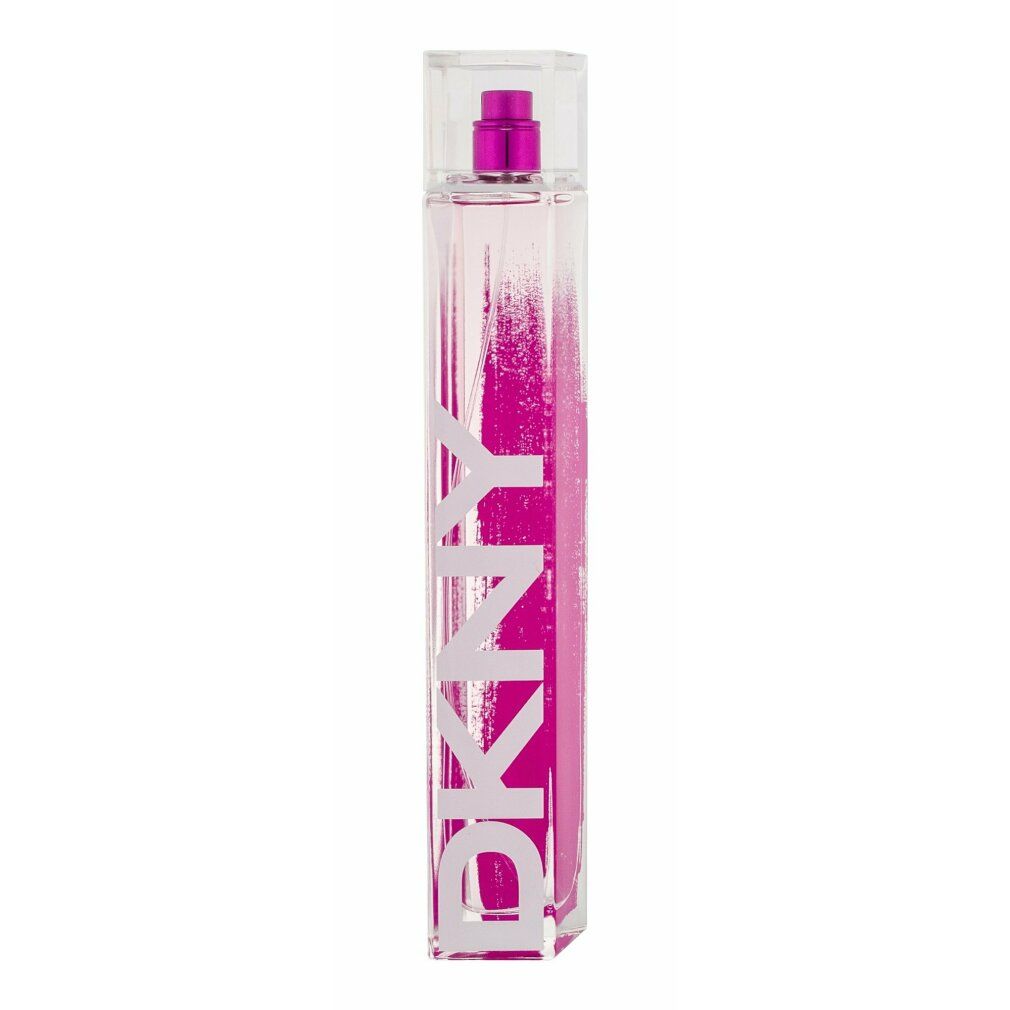 Flacone rettangolare alto con sfumatura rosa e logo DKNY. Tappo trasparente.