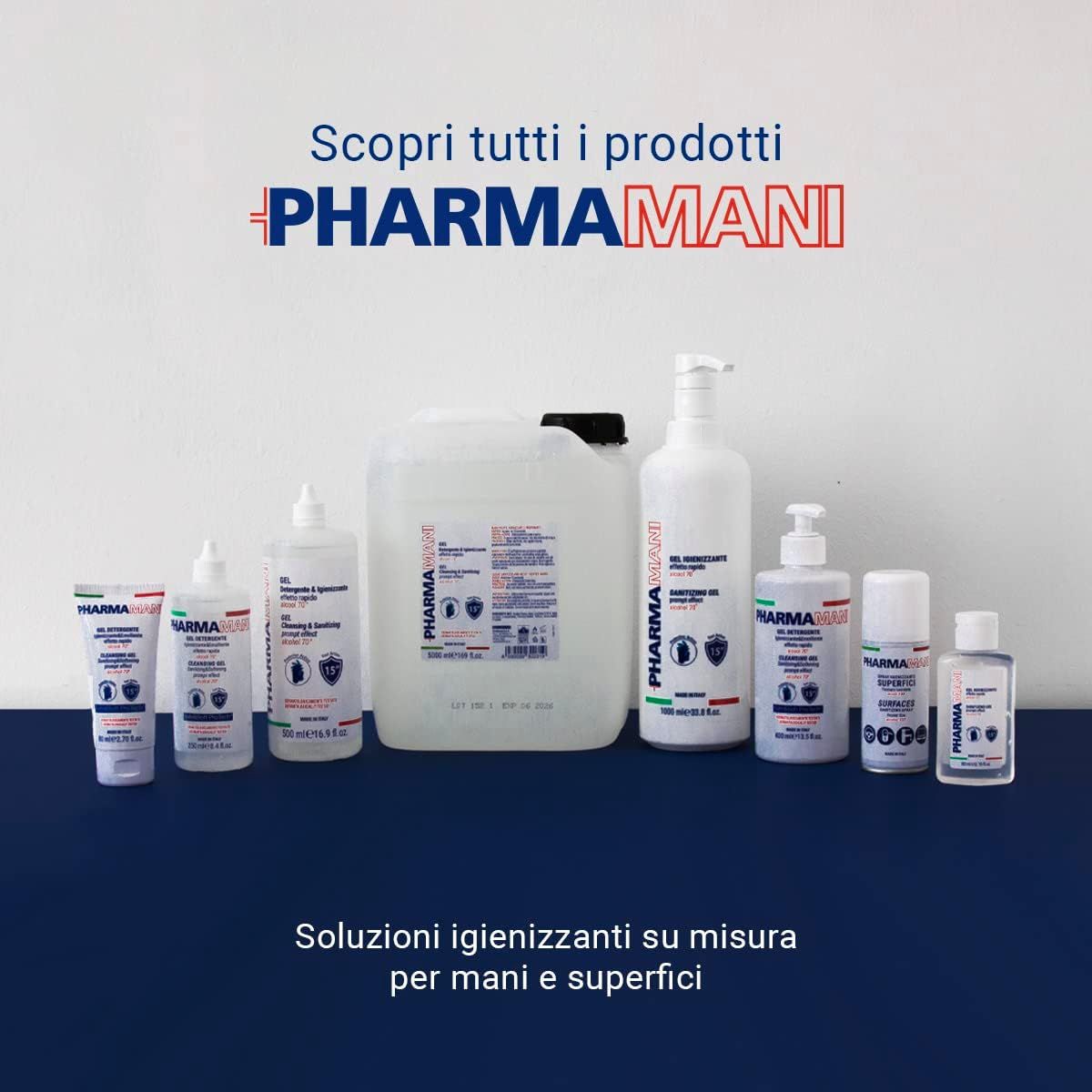 Vari prodotti PHARMAMANI. Testo: Scopri tutti i prodotti PHARMAMANI. Soluzioni igienizzanti su misura per mani e superfici.