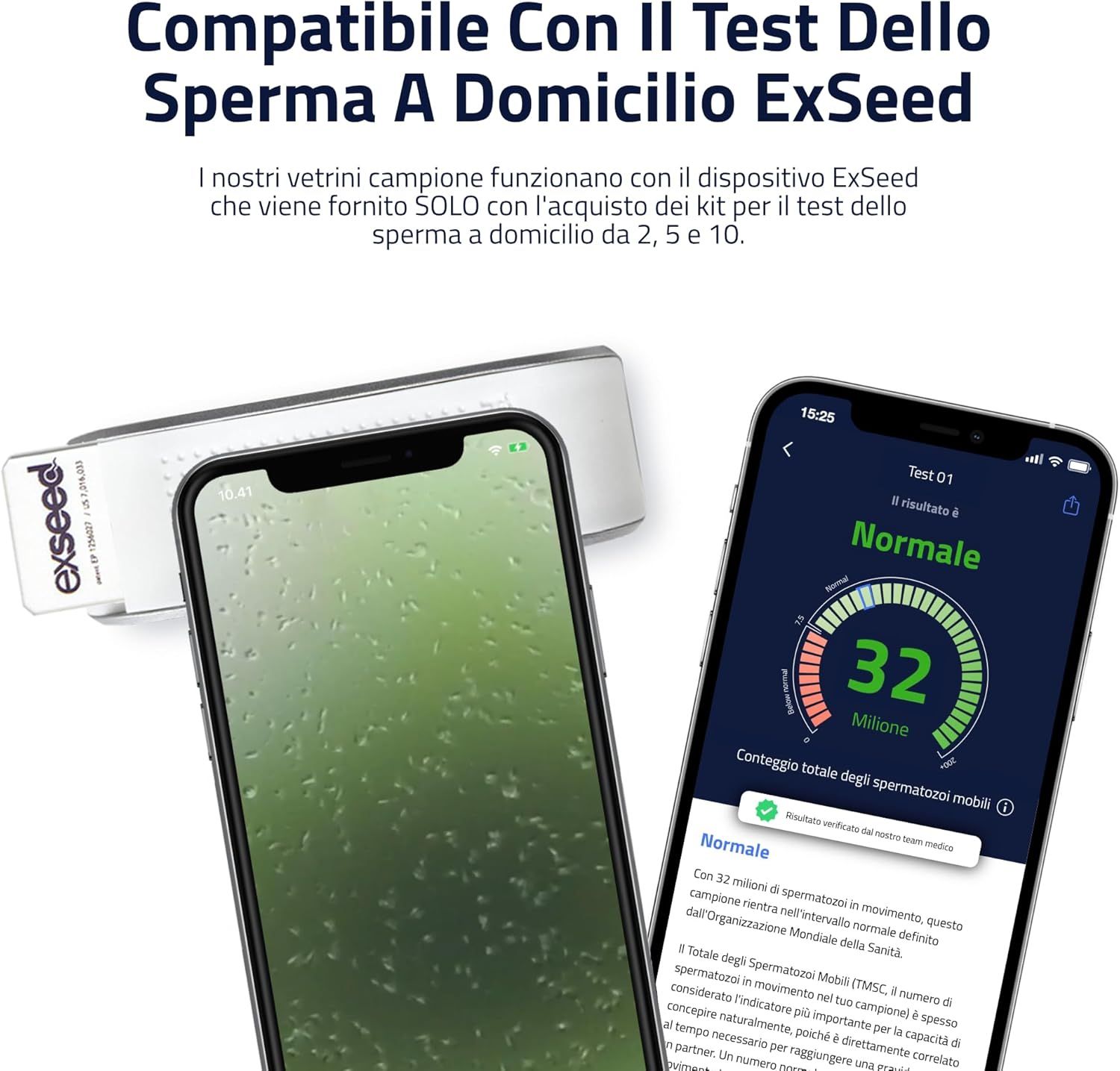 Due smartphone con risultati del test. Un dispositivo con marchio. Un risultato su uno schermo. Un diagramma sull'altro.