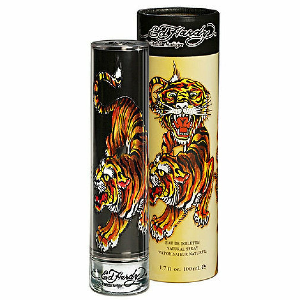 Spray Eau de Toilette e confezione. Confezione cilindrica con design a tigre. Flacone con design a tigre. Marchio Ed Hardy.