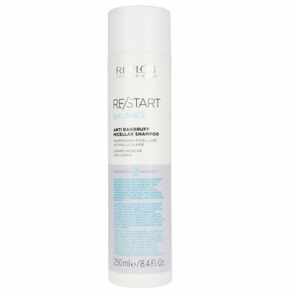 Shampoo bianco con testo blu. Testo: RE/START Balance Anti-forfora Micellar Shampoo. 250 ml/8.4 Fl.Oz.