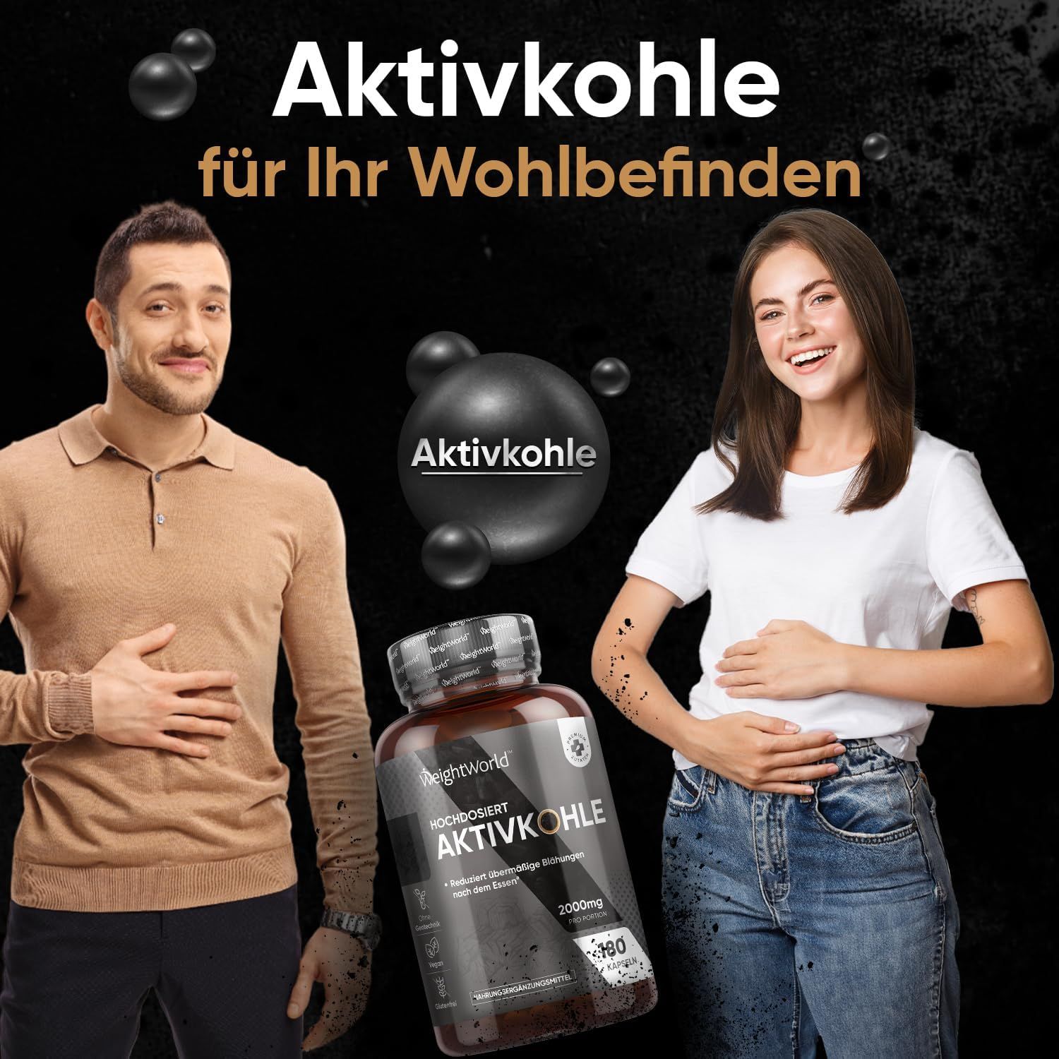 Due persone si tengono la pancia. Sullo sfondo un flacone di capsule di carbone attivo. Sfondo nero.