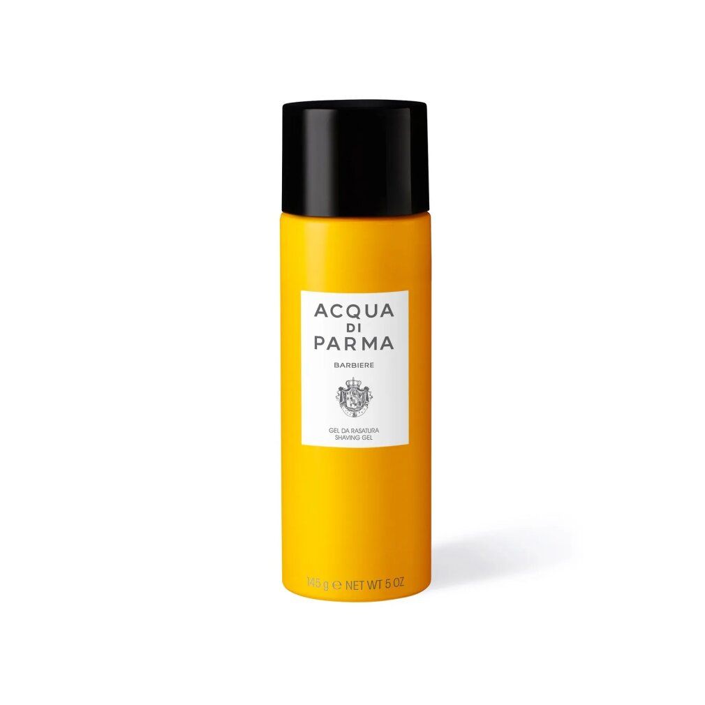 Flacone di gel da barba giallo e nero. Scritta: Acqua di Parma, Barbiere, Gel da Rasatura, NET WT 5 OZ.