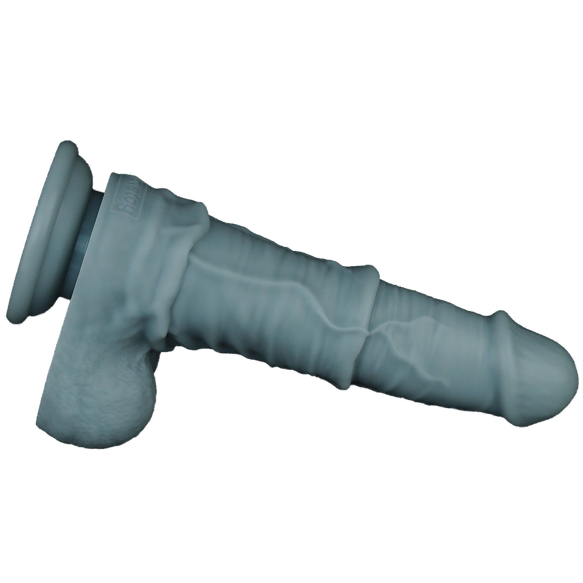 Dildo grigio, superficie strutturata, base. Forma dettagliata. 'Lovetoy' visibile.