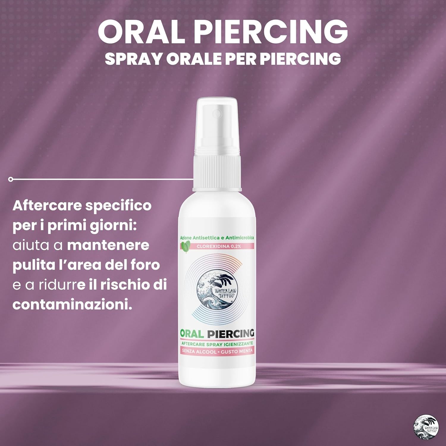 Flacone spray bianco "Oral Piercing" su sfondo viola. Testo sulla cura post-piercing.