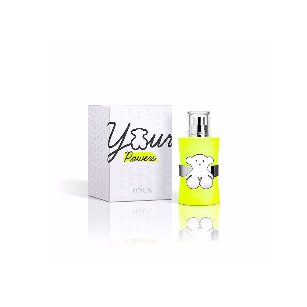Eau de toilette giallo con orso. Scatola bianca con scritta Your Powers e orso.