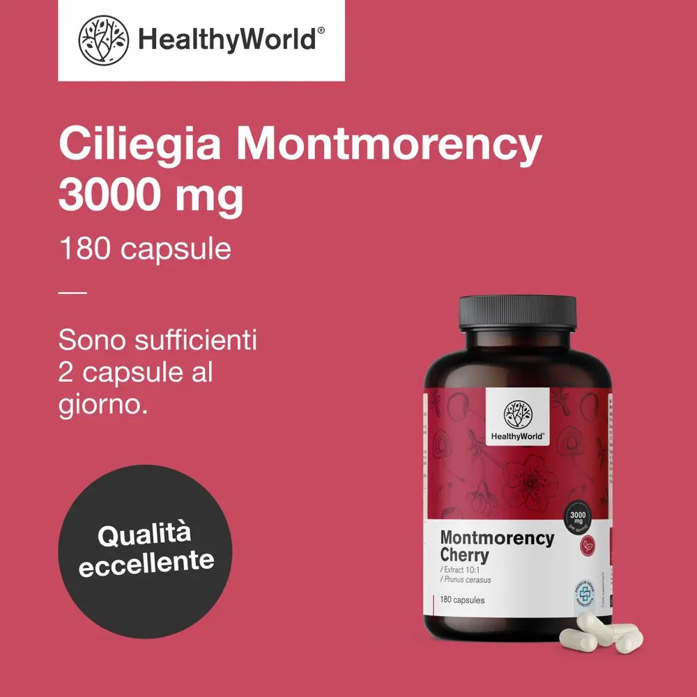 Ciliegia Montmorency 3000 mg, 180 capsule. Bottiglia del prodotto e testo "3000 mg di ciliegie per dose giornaliera".