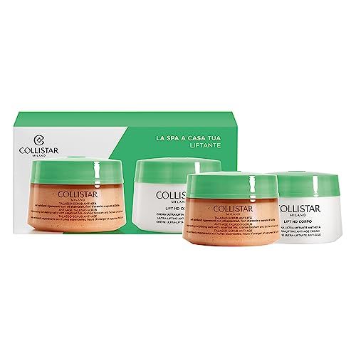 Più vasetti di crema anti-età Collistar in confezione. Vasetti verde-bianchi, crema arancione. Testo: Talasso Scrub Anti-Age.