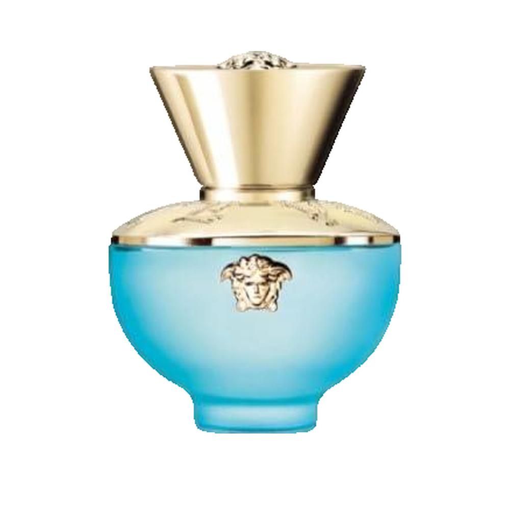 Flacone di profumo azzurro chiaro con tappo dorato. Logo Medusa sul davanti. Forma arrotondata.