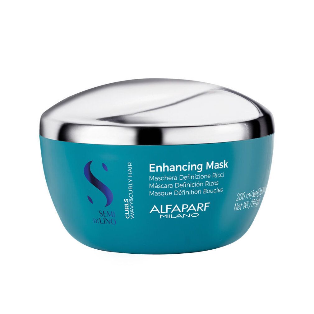 Vaso turchese con coperchio argentato. Scritta: Alfaparf Milano, Enhancing Mask. Per capelli ricci.