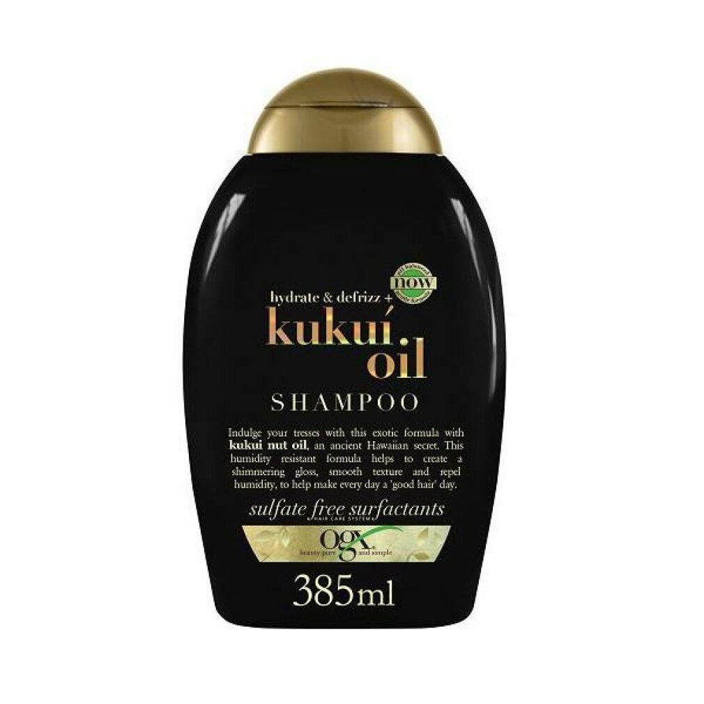 Flacone di shampoo nero con tappo dorato. Scritta: Kukui Oil Shampoo. Volume: 385ml.