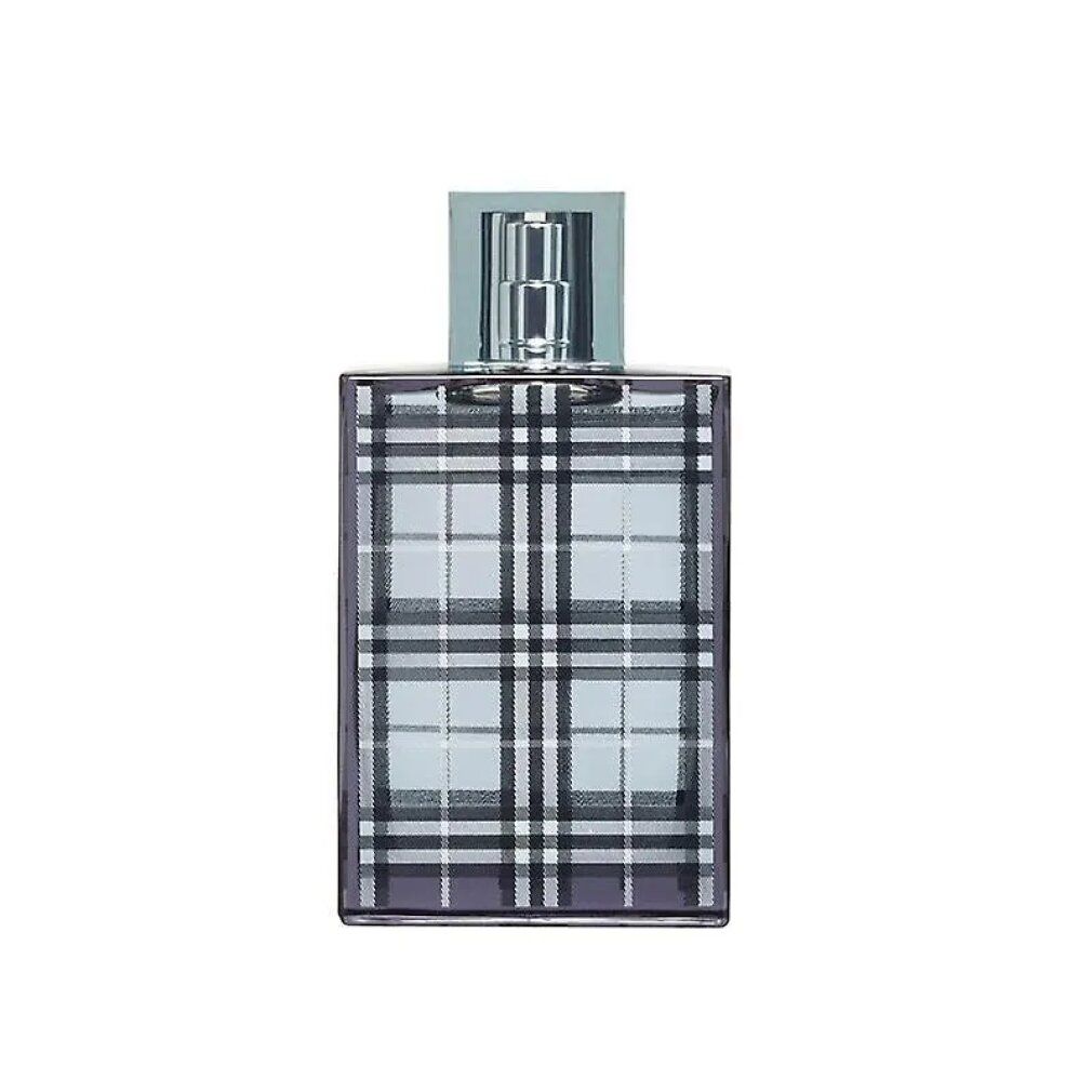 Flacone rettangolare con motivo a quadri. Spruzzatore argentato. Tappo azzurro chiaro. Burberry Brit for Him Edt Spray.