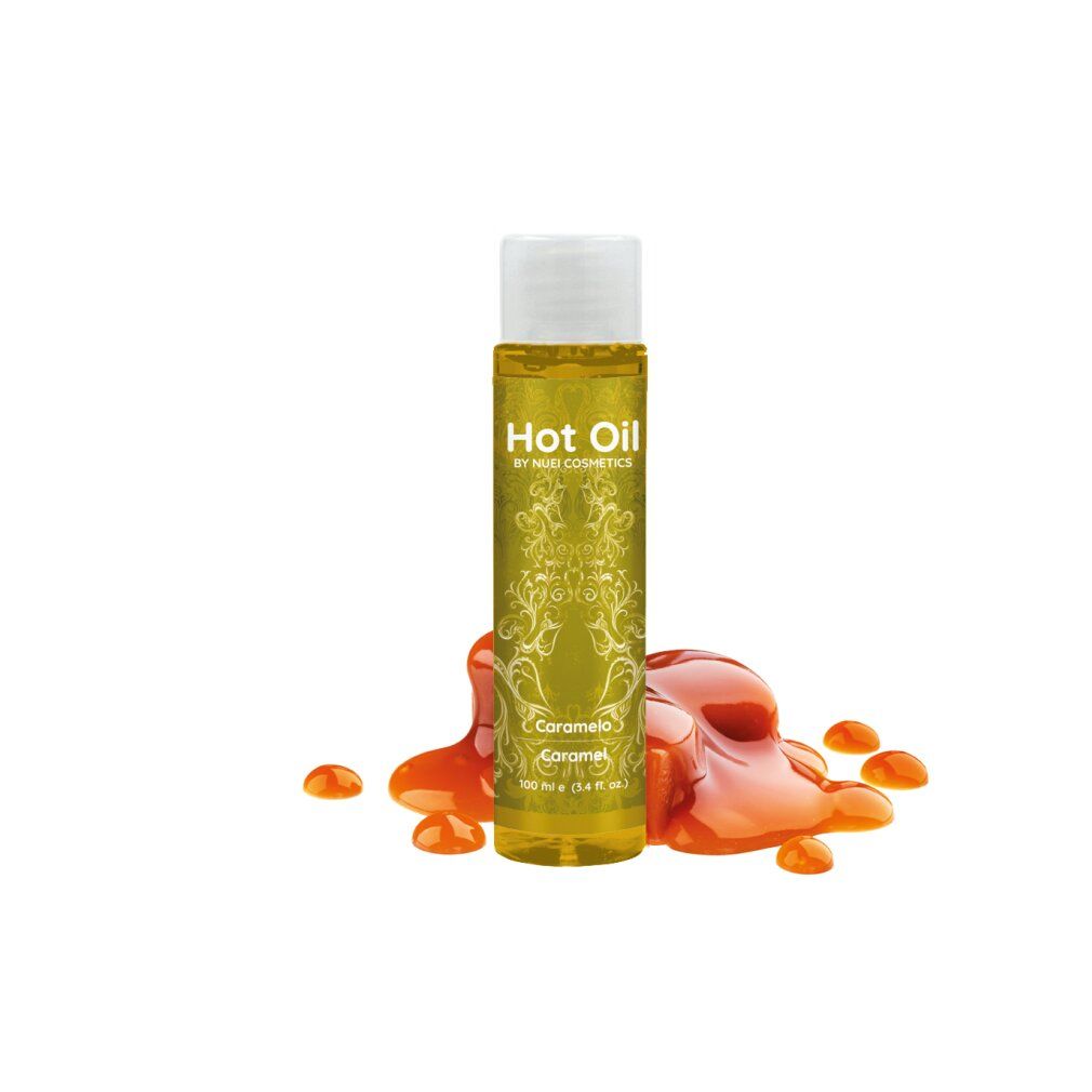 Flacone di olio giallo con "Hot Oil". Liquido arancione versato accanto. Marchio NUEI Cosmetics.