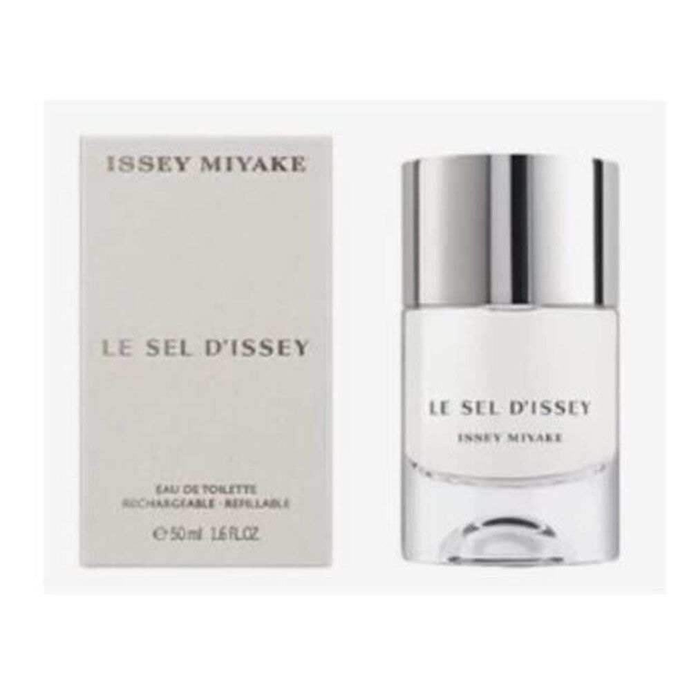 Flacone di profumo e confezione rettangolare. Scritta: ISSEY MIYAKE, LE SEL D'ISSEY. Flacone: 50ml, Eau de Toilette.