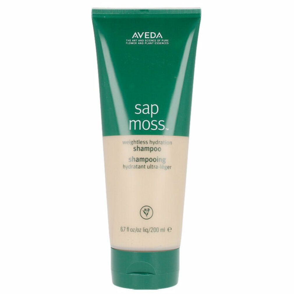Tubo di shampoo Aveda, verde-beige. Scritta: Sap Moss, weightless hydration shampoo, 6.7 fl oz/200 ml. Marchio Aveda.