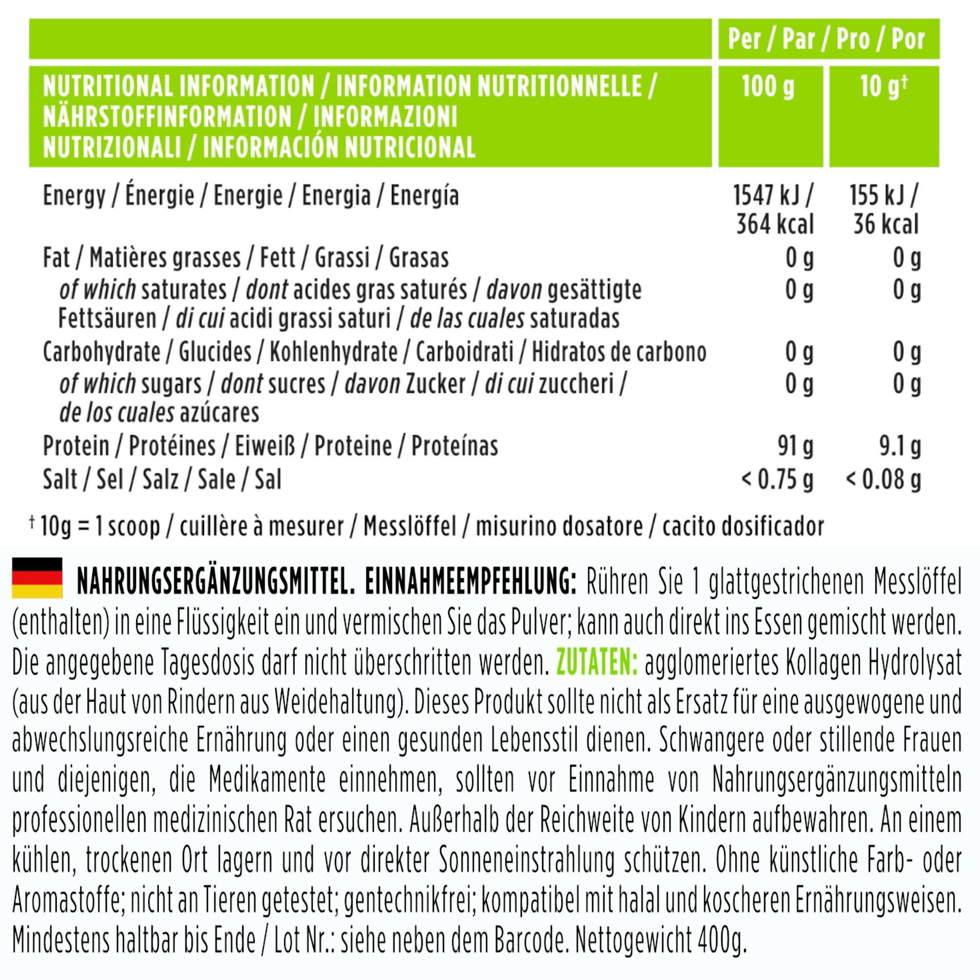 Tabella nutrizionale. Testo: Informazioni nutrizionali. 100g: 91g proteine. Raccomandazione: mescolare 1 misurino in liquido.