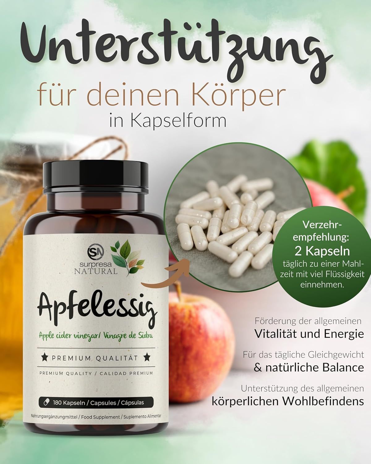 Bottiglia con capsule di aceto di mele, capsule. Testo: Vitalità ed energia, benessere fisico.