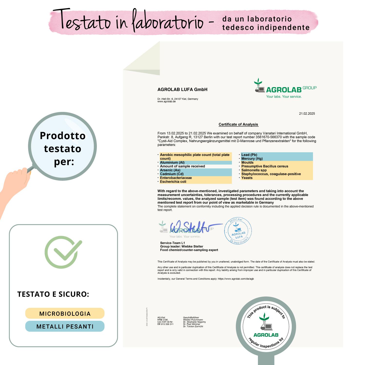 Certificato AGROLAB per VEGAVERO Cysti-Aid Complex. Prodotto testato per: microbiologia, metalli pesanti. Logo AGROLAB.