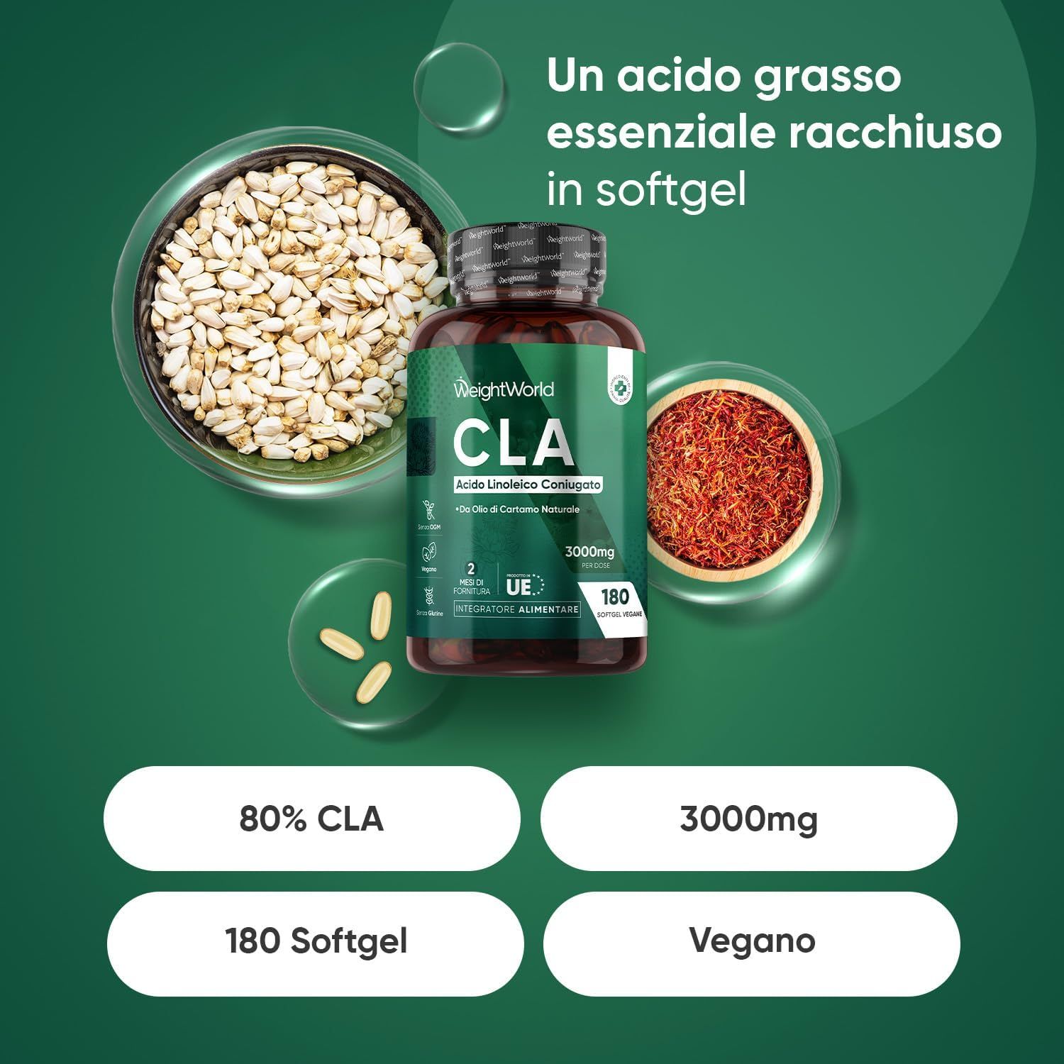 Immagine del prodotto con capsule, olio di cartamo e fiori di cartamo. Testo: 80% CLA, 3000mg, 180 capsule, Vegano.