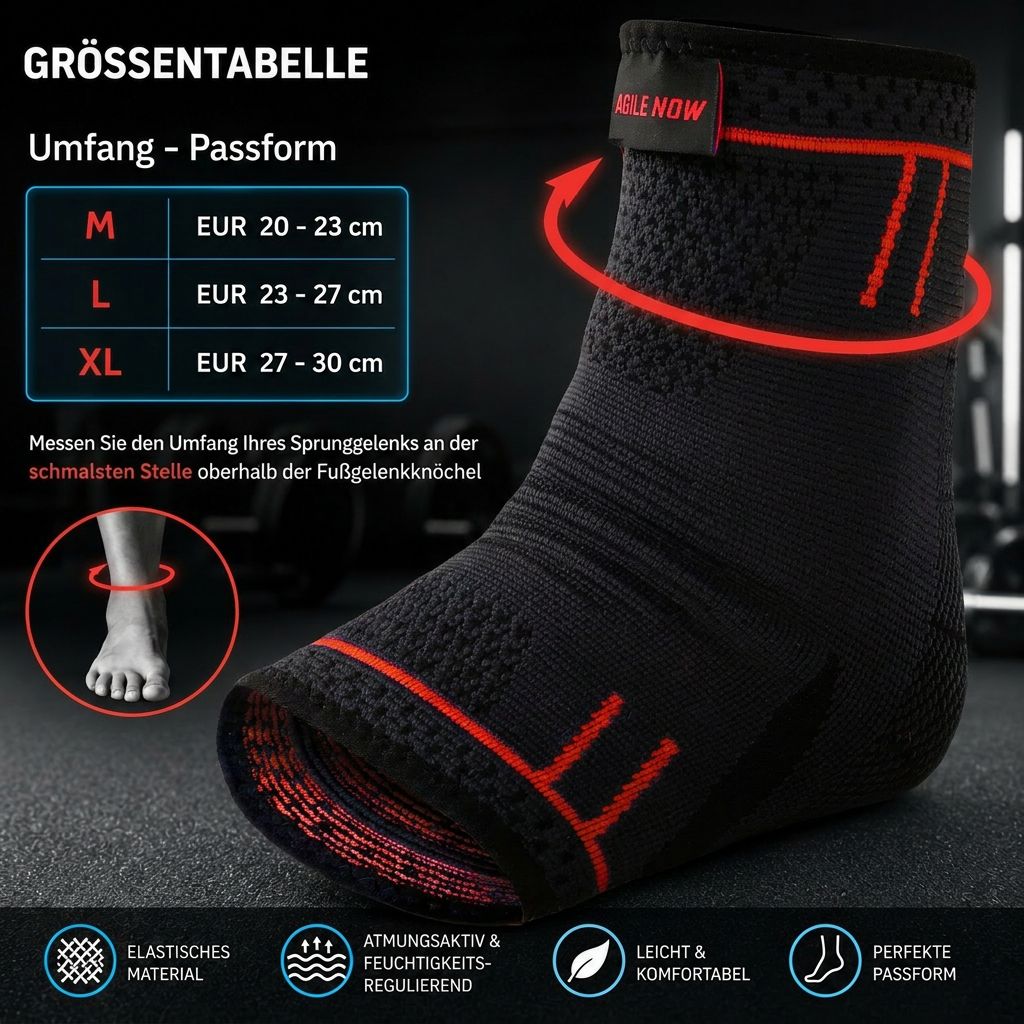 AGILE NOW cavigliera, nera con dettagli rossi. Tabella taglie: M, L, XL. Materiale elastico, traspirante.