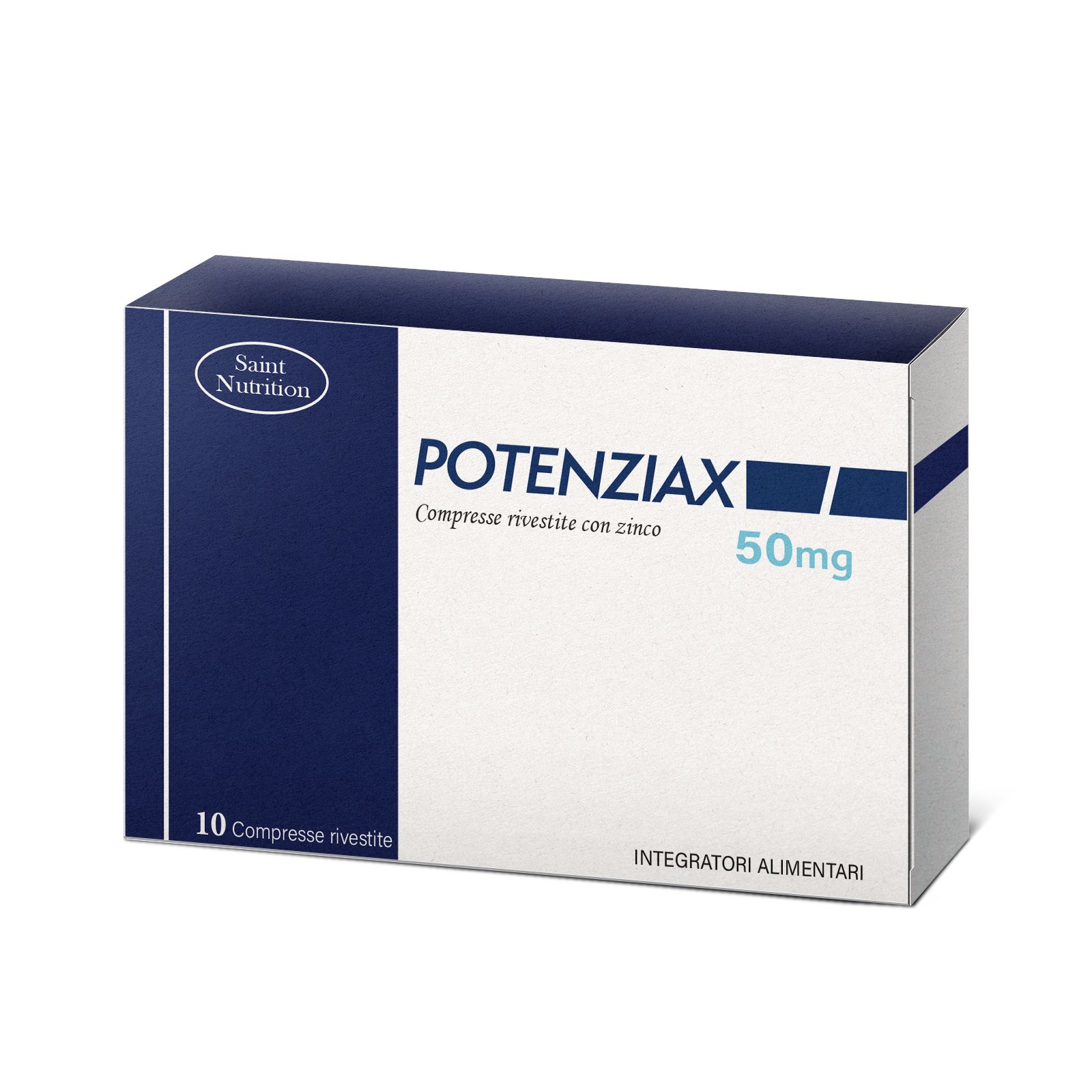 Confezione del prodotto. Scritta: Potenziax, 50mg, 10 compresse. Marchio: Saint Nutrition.